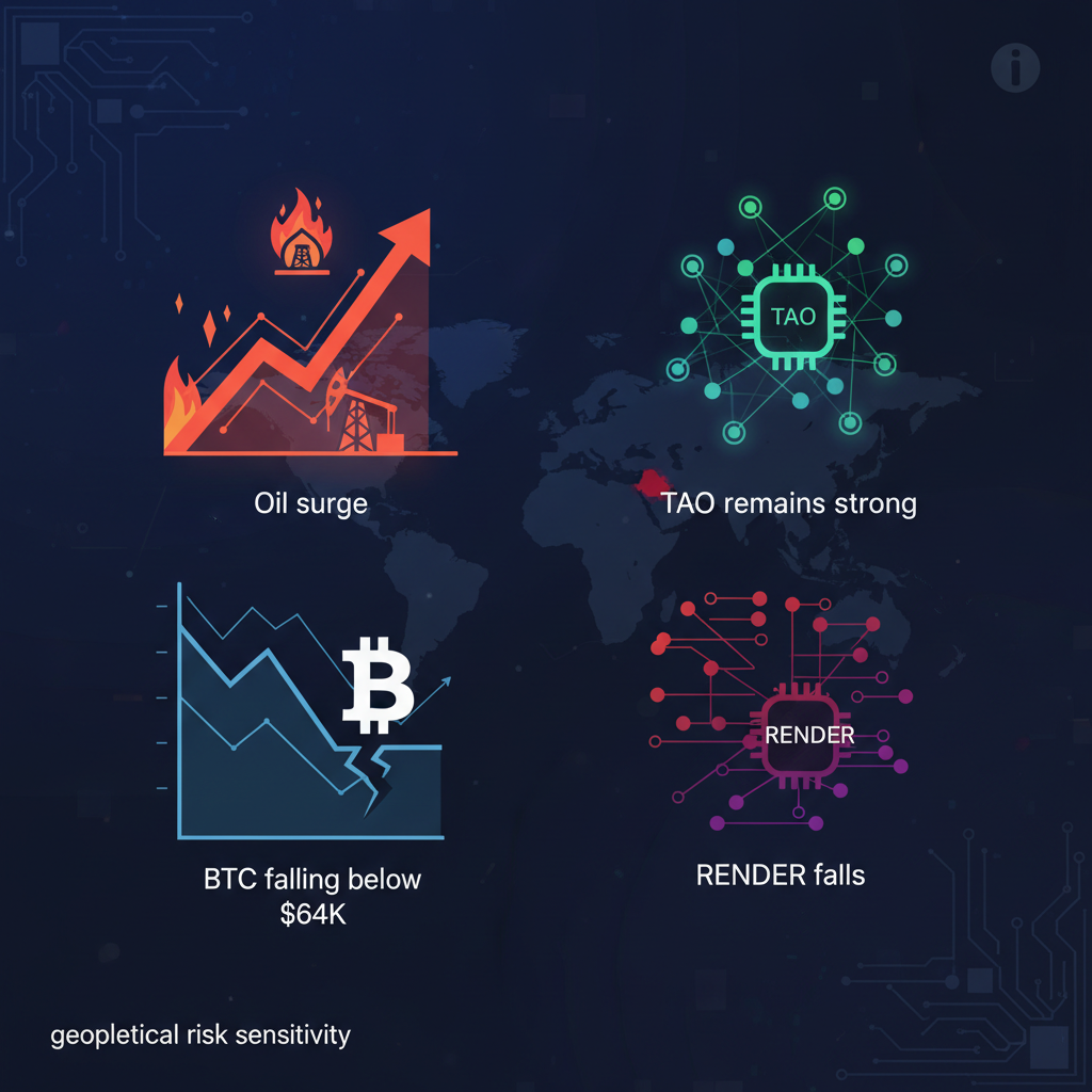 原油急騰でBTC6.4万ドル割れ、AIはTAO堅調・RENDER安に二極化