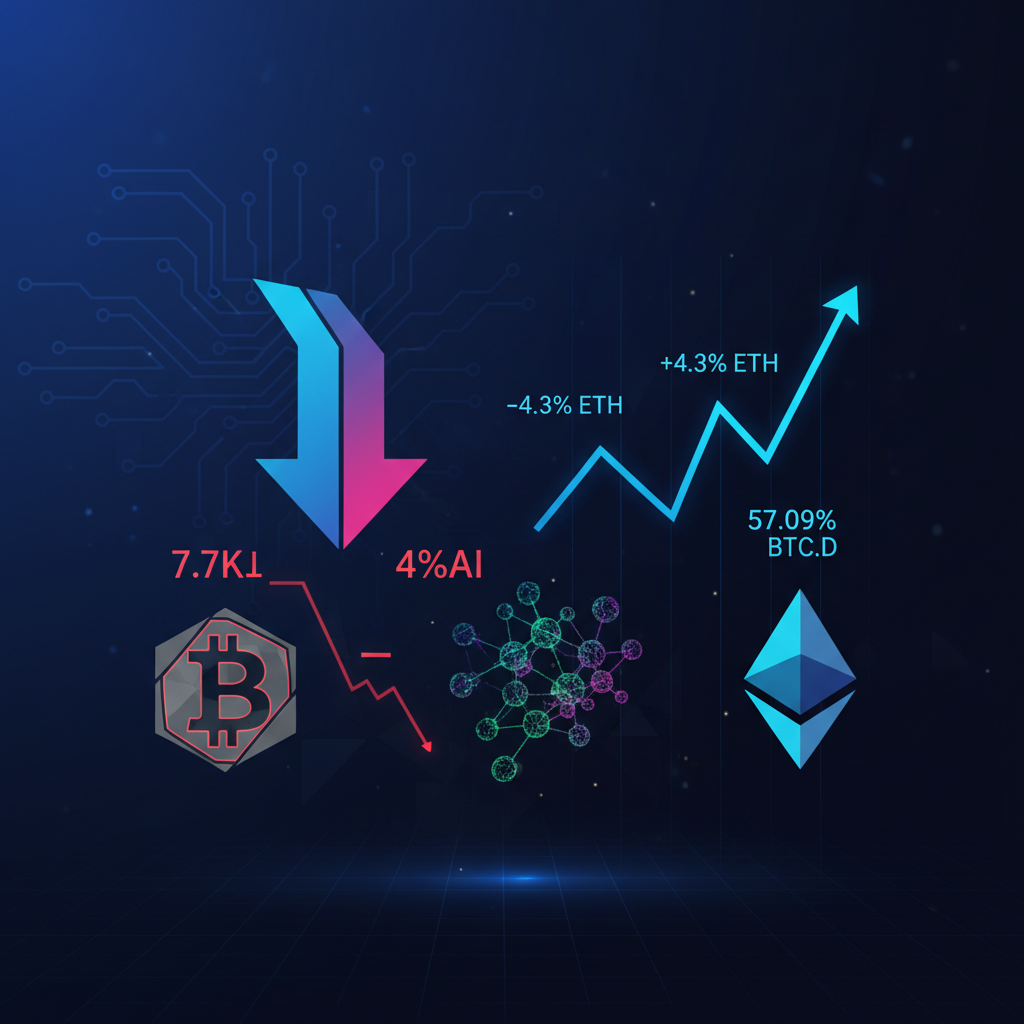 BTC7.7万ドルへ反落、AIトークン総額4%安で週間ラリー一服